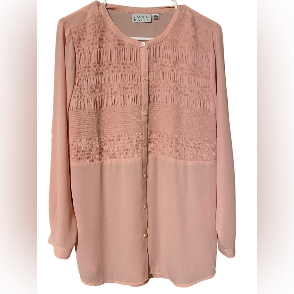Joan Rivers Button Up Blouse Women’s Size Medium Pink Long Sleeve Top Semi Sheer